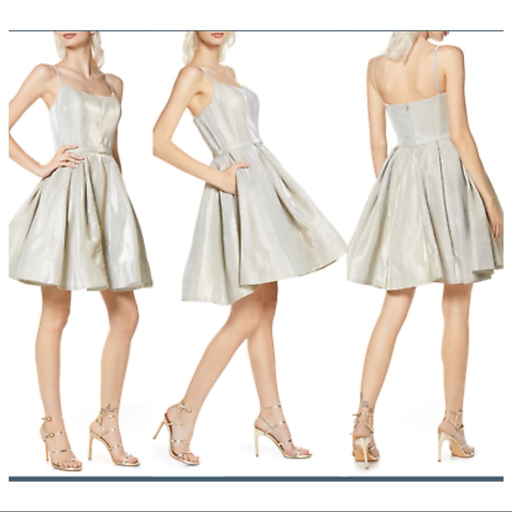 IEENA for Mac Duggal fit and flare silver sparkle metallic mini dress - Picture 2 of 10